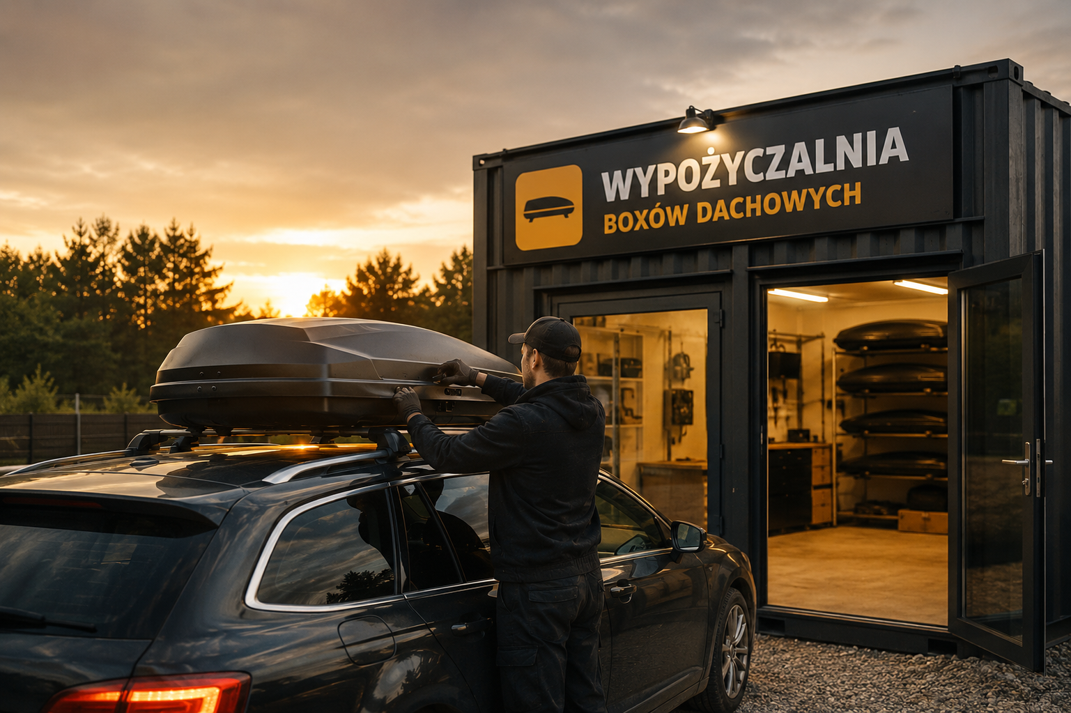 Montaż boksa dachowego na aucie klienta przed punktem wypożyczalni o zmierzchu